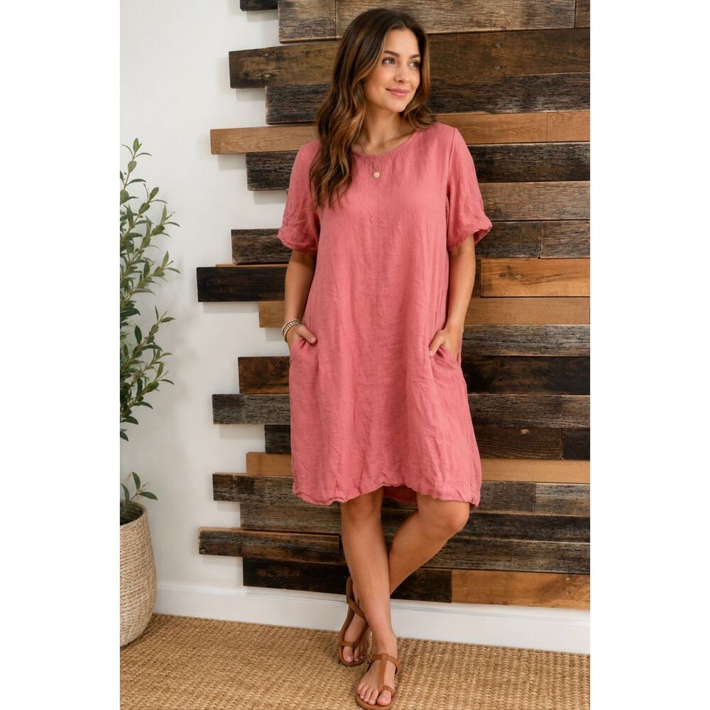 Linenfox linen pink dress boho relaxed lagenlook sz XS